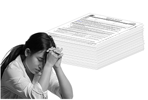 frustrated customer with pile of immigration forms behind her